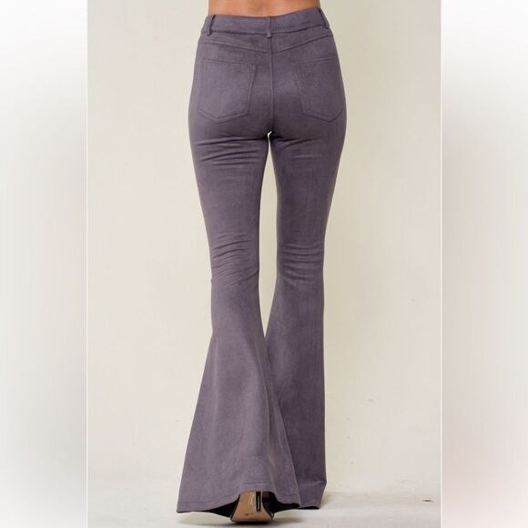 Seamed Gunmetal Gray Tailored Suede Bell Bottom Flare Pants - Picture 7 of 7